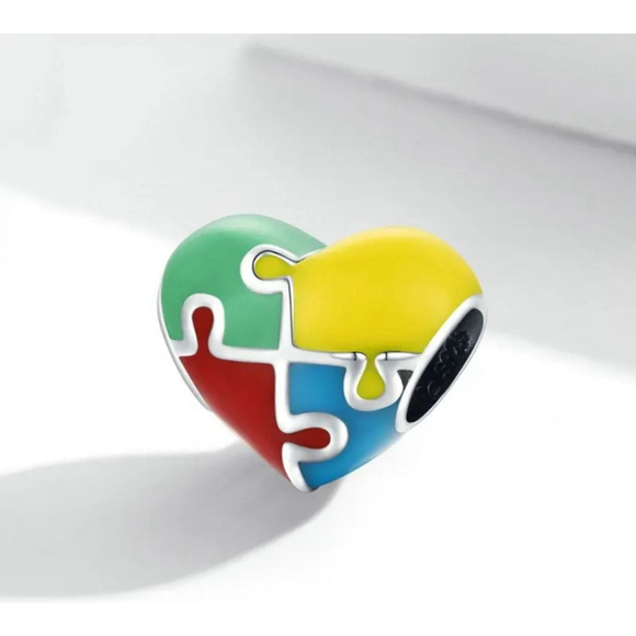 Multicolored Puzzle Heart Charm Bead - Picture 1 of 2
